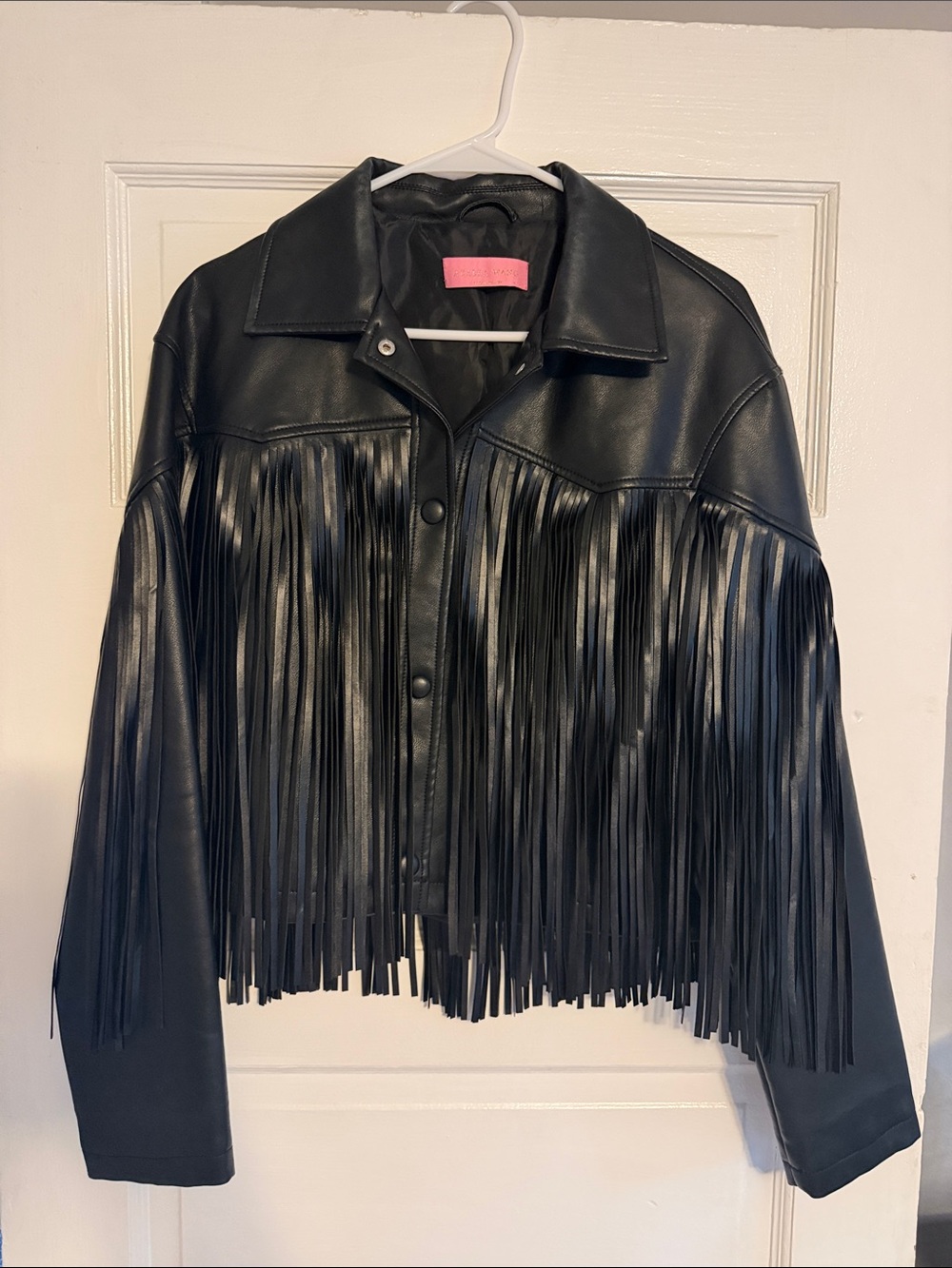 Black Fringed Faux Leather Jacket with Button Front